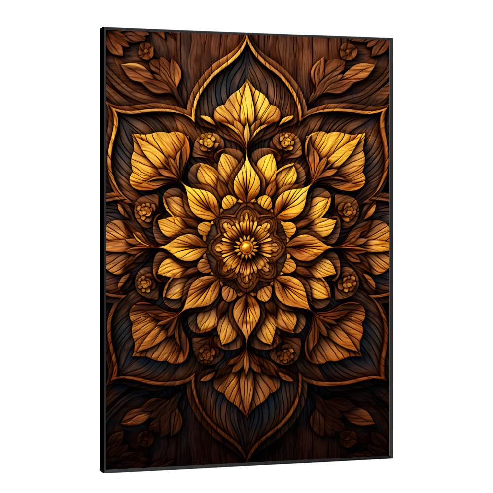 Quadro Decorativo Mandala Tons de Amarelo com Fundo Escuro
