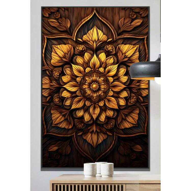 Quadro Decorativo Mandala Tons de Amarelo com Fundo Escuro