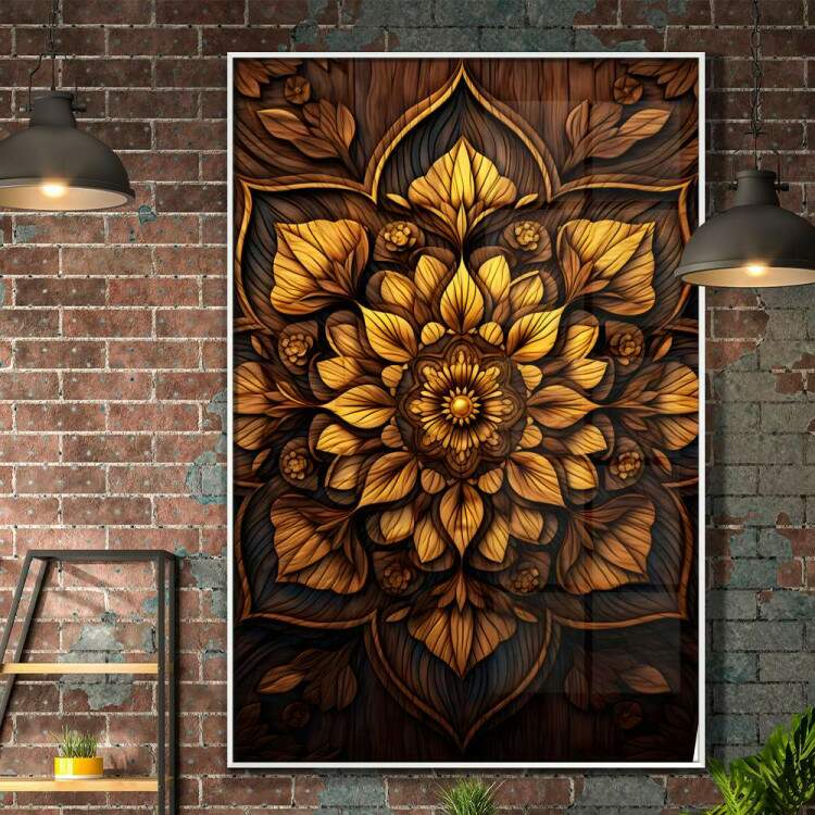 Quadro Decorativo Mandala Tons de Amarelo com Fundo Escuro