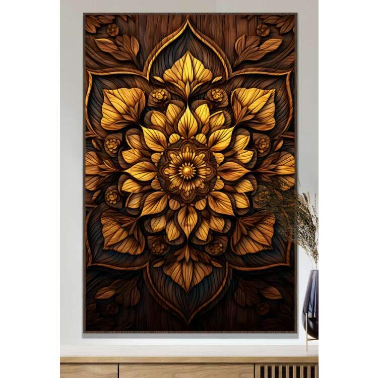 Quadro Decorativo Mandala Tons de Amarelo com Fundo Escuro