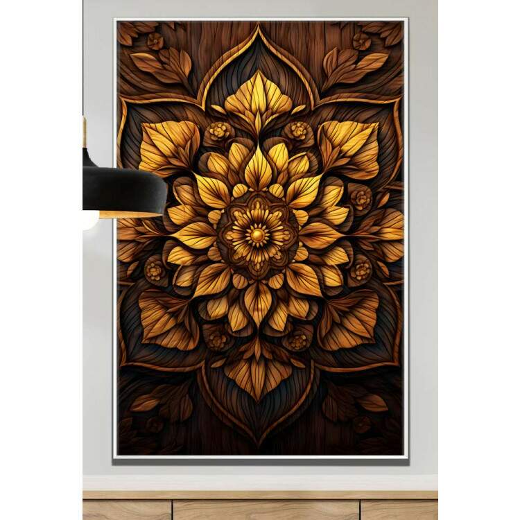 Quadro Decorativo Mandala Tons de Amarelo com Fundo Escuro