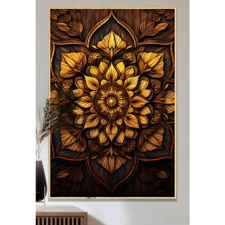 Quadro Decorativo Mandala Tons de Amarelo com Fundo Escuro