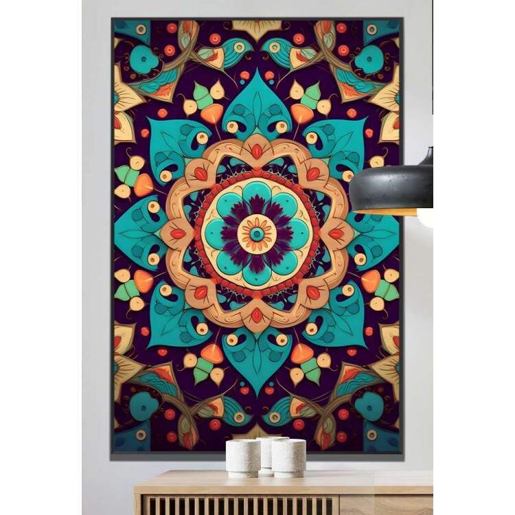 Quadro Decorativo Mandala Tons de Laranja e Azul Turquesa