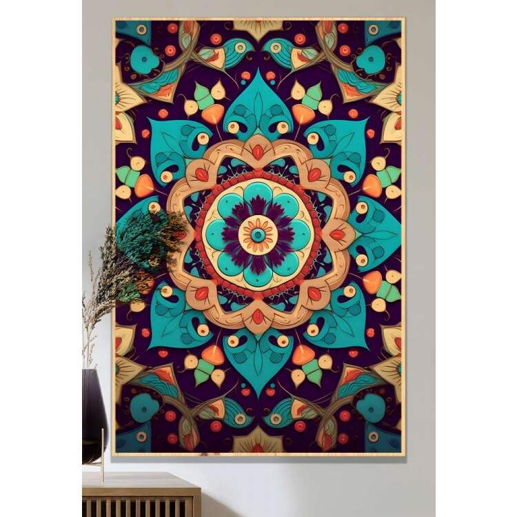 Quadro Decorativo Mandala Tons de Laranja e Azul Turquesa