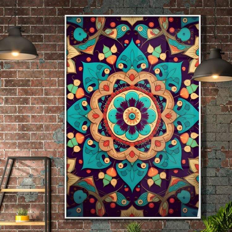 Quadro Decorativo Mandala Tons de Laranja e Azul Turquesa