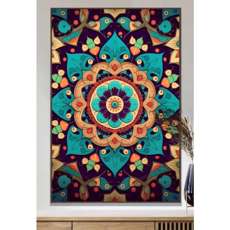 Quadro Decorativo Mandala Tons de Laranja e Azul Turquesa