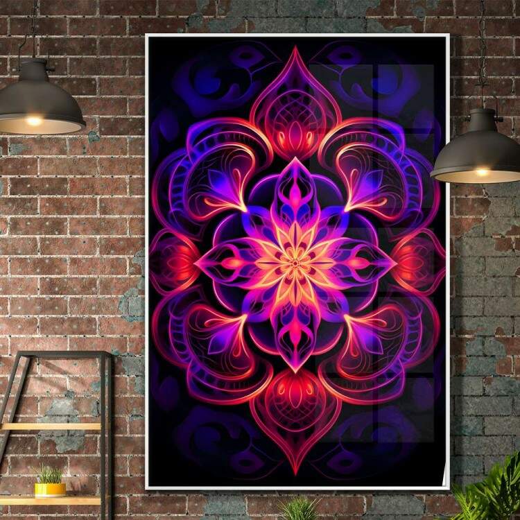 Quadro Decorativo Mandala Tons de Roxo e Rosa Neon