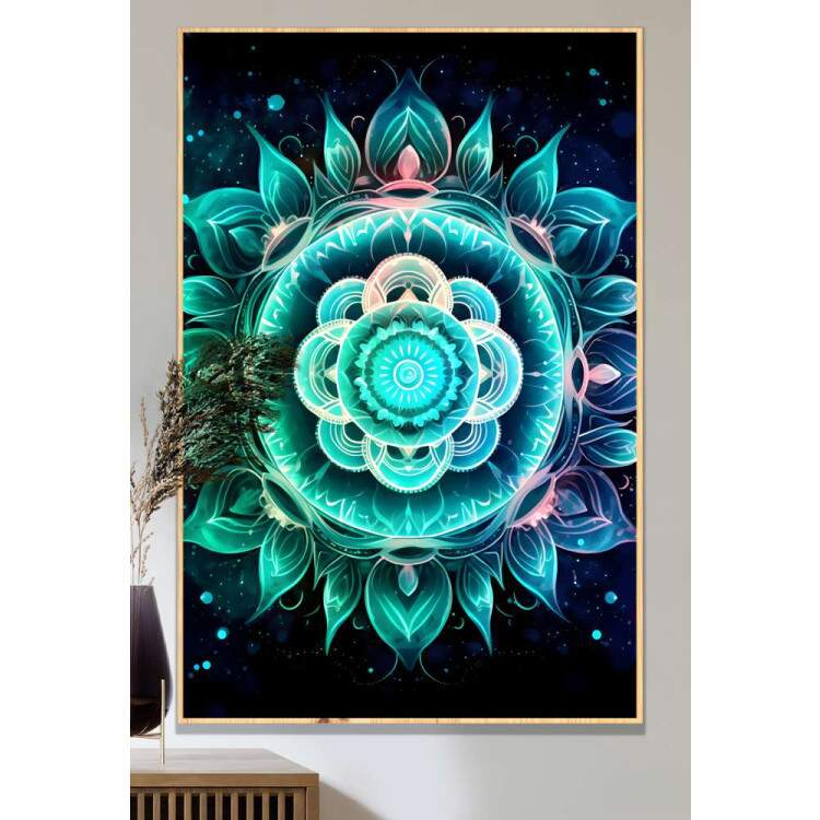 Quadro Decorativo Mandala Tons de Verde com Fundo Preto