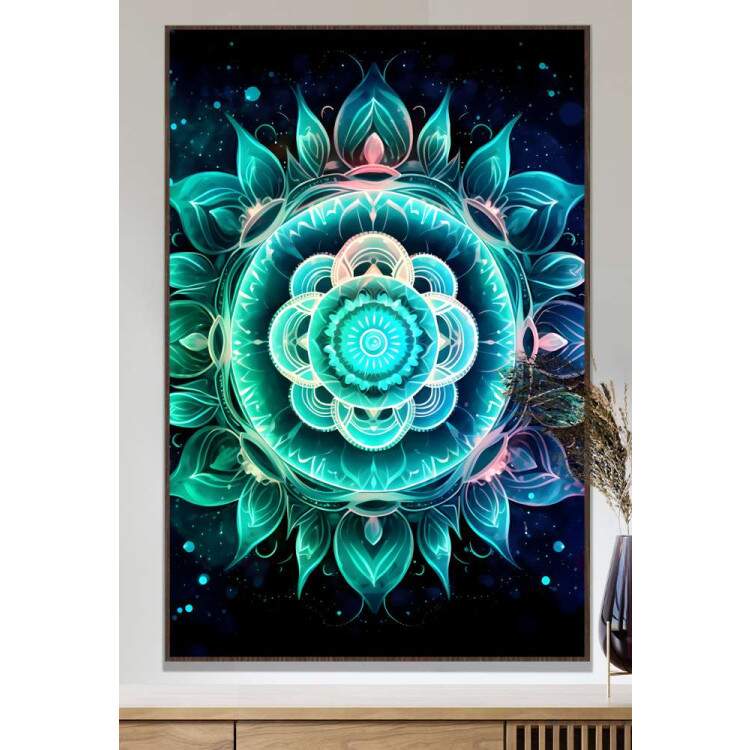 Quadro Decorativo Mandala Tons de Verde com Fundo Preto