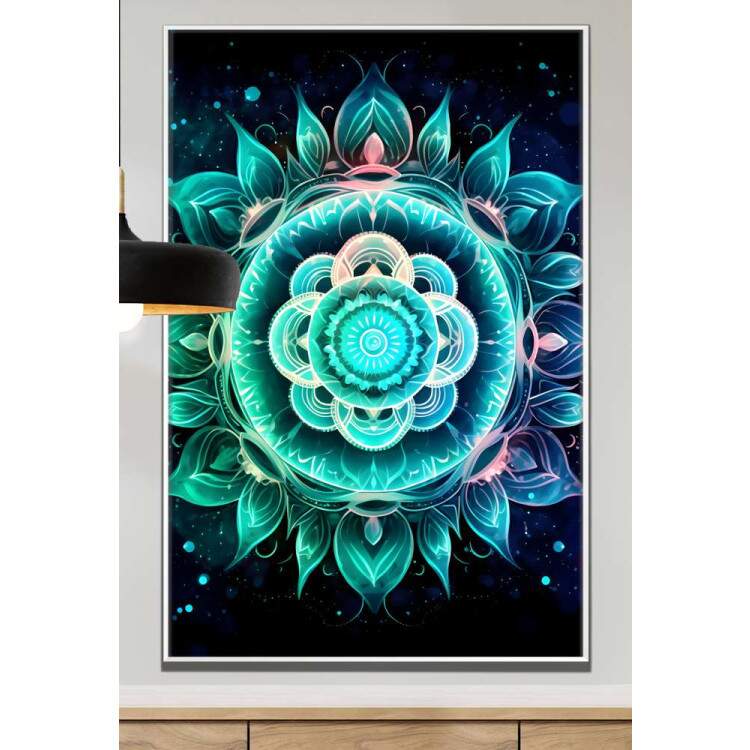 Quadro Decorativo Mandala Tons de Verde com Fundo Preto