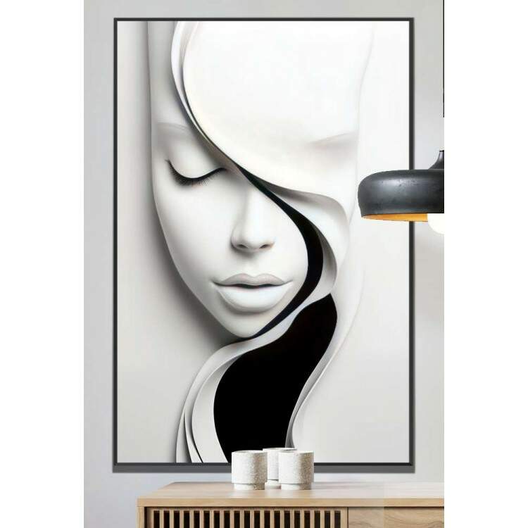 Quadro Decorativo Arte Minimalista Mulher Branca com Detalhe Preto