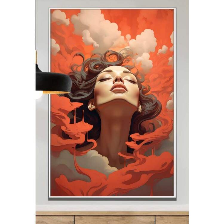Quadro Decorativo Minimalista Mulher nas Nuvens Com Detalhes Vermelhos