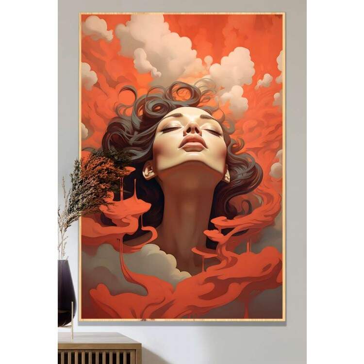 Quadro Decorativo Minimalista Mulher nas Nuvens Com Detalhes Vermelhos
