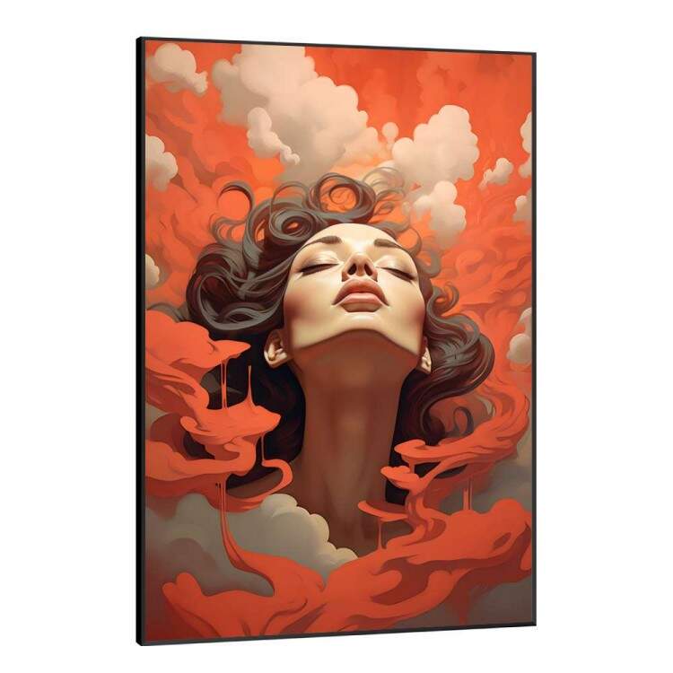 Quadro Decorativo Minimalista Mulher nas Nuvens Com Detalhes Vermelhos