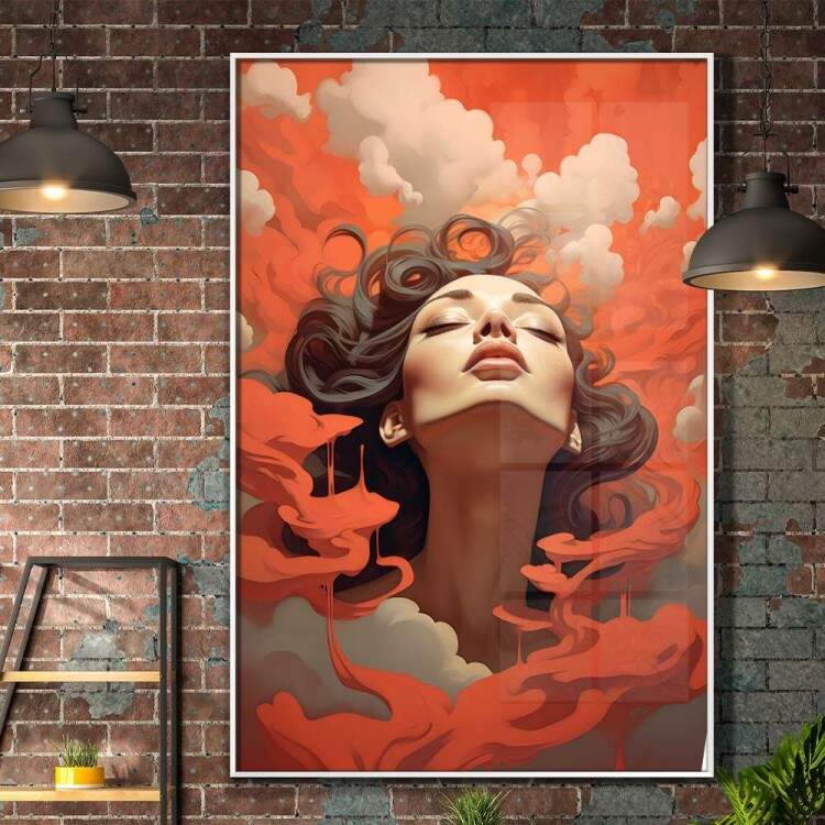 Quadro Decorativo Minimalista Mulher nas Nuvens Com Detalhes Vermelhos
