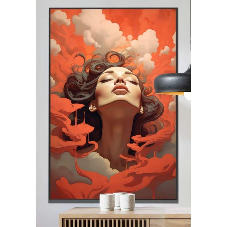 Quadro Decorativo Minimalista Mulher nas Nuvens Com Detalhes Vermelhos