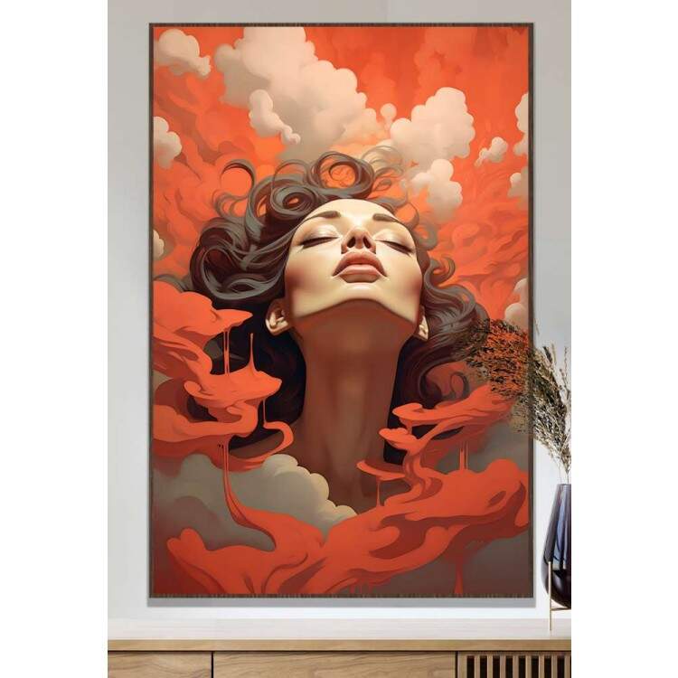 Quadro Decorativo Minimalista Mulher nas Nuvens Com Detalhes Vermelhos