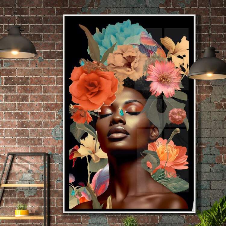 Quadro Decorativo Colagem de Flores Black Woman