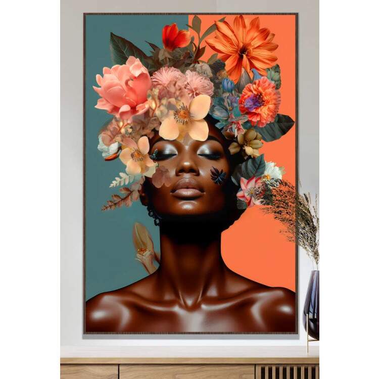 Quadro Decorativo Colagem de Flores Black Woman com Fundo Laranja e Verde