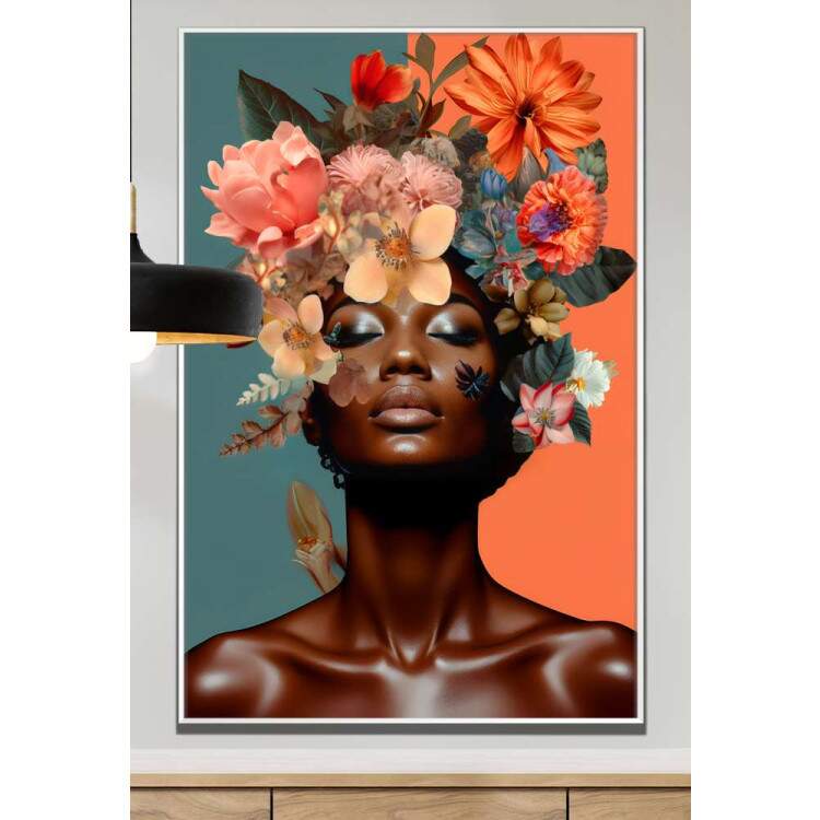 Quadro Decorativo Colagem de Flores Black Woman com Fundo Laranja e Verde