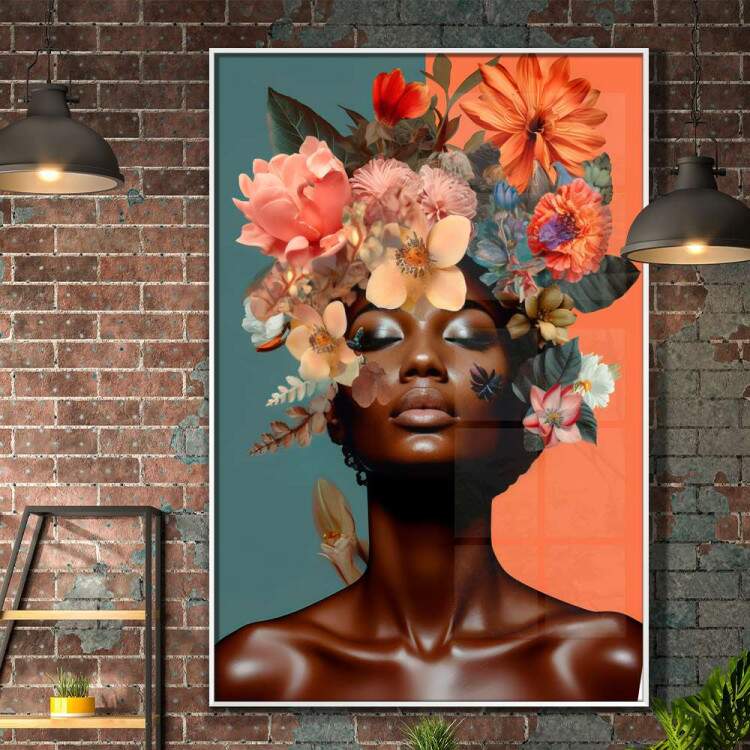 Quadro Decorativo Colagem de Flores Black Woman com Fundo Laranja e Verde
