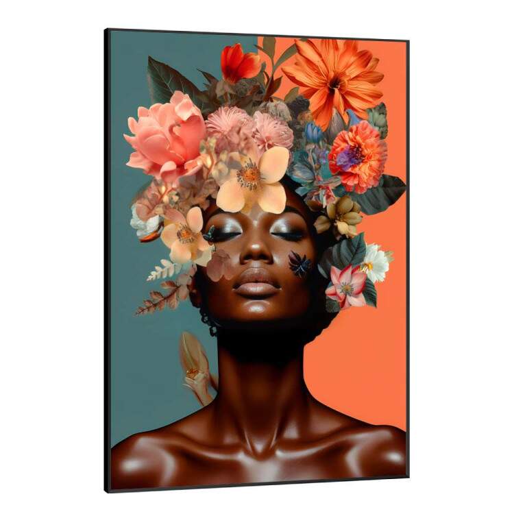 Quadro Decorativo Colagem de Flores Black Woman com Fundo Laranja e Verde