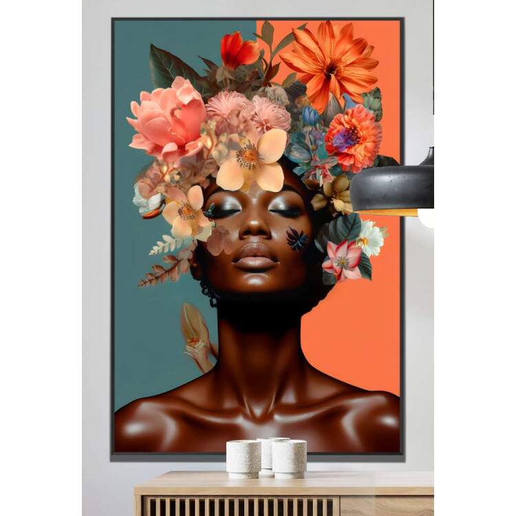 Quadro Decorativo Colagem de Flores Black Woman com Fundo Laranja e Verde