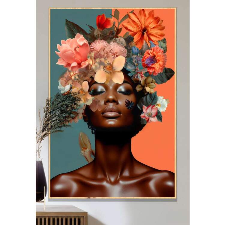 Quadro Decorativo Colagem de Flores Black Woman com Fundo Laranja e Verde