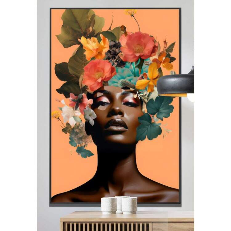 Quadro Decorativo Colagem de Flores Black Woman Fundo Laranja