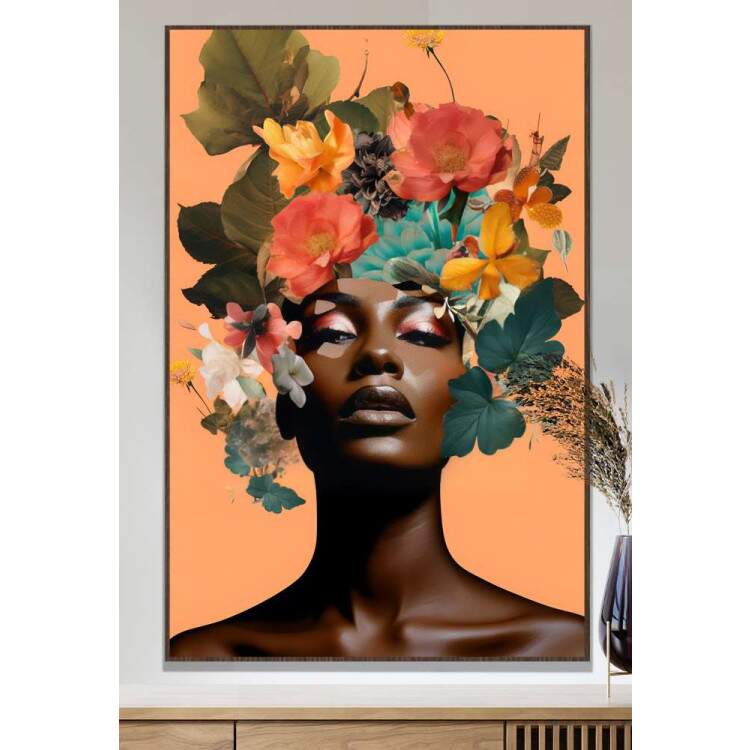 Quadro Decorativo Colagem de Flores Black Woman Fundo Laranja