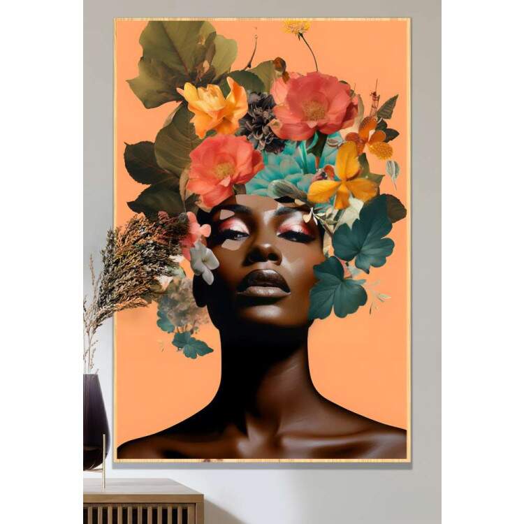 Quadro Decorativo Colagem de Flores Black Woman Fundo Laranja