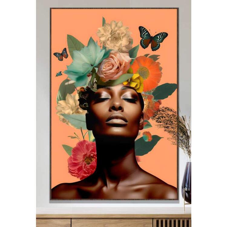 Quadro Decorativo Colagem de Flores com Borboletas Black Woman