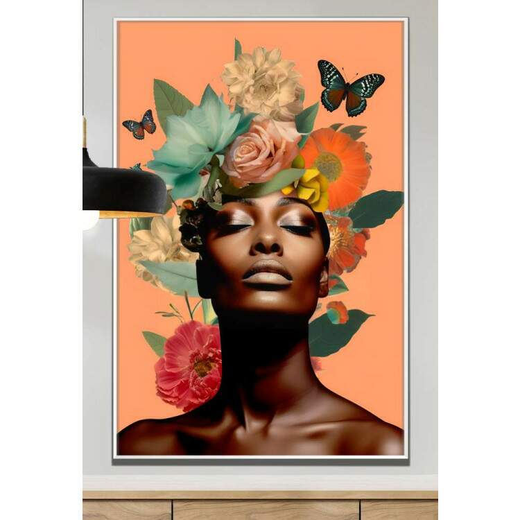 Quadro Decorativo Colagem de Flores com Borboletas Black Woman