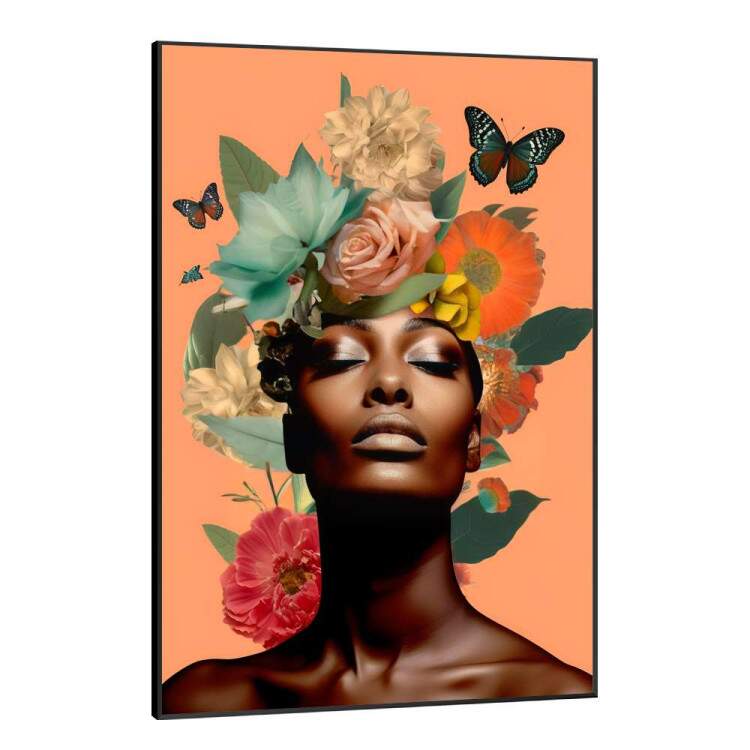 Quadro Decorativo Colagem de Flores com Borboletas Black Woman