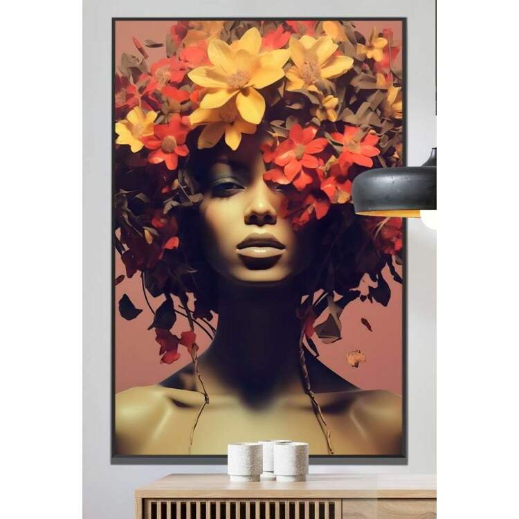 Quadro Decorativo Colagem de Flores em Cabelo Black Woman