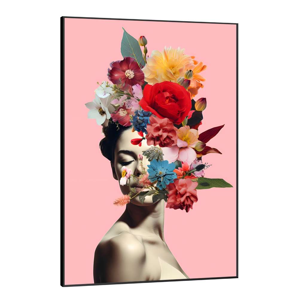 Quadro Decorativo Colagem de Flores em Metade de Rosto de Mulher