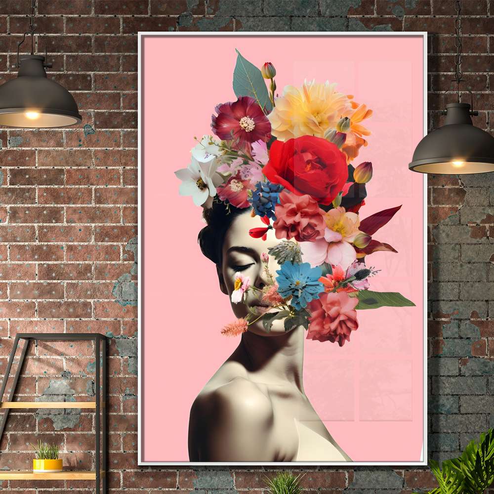 Quadro Decorativo Colagem de Flores em Metade de Rosto de Mulher