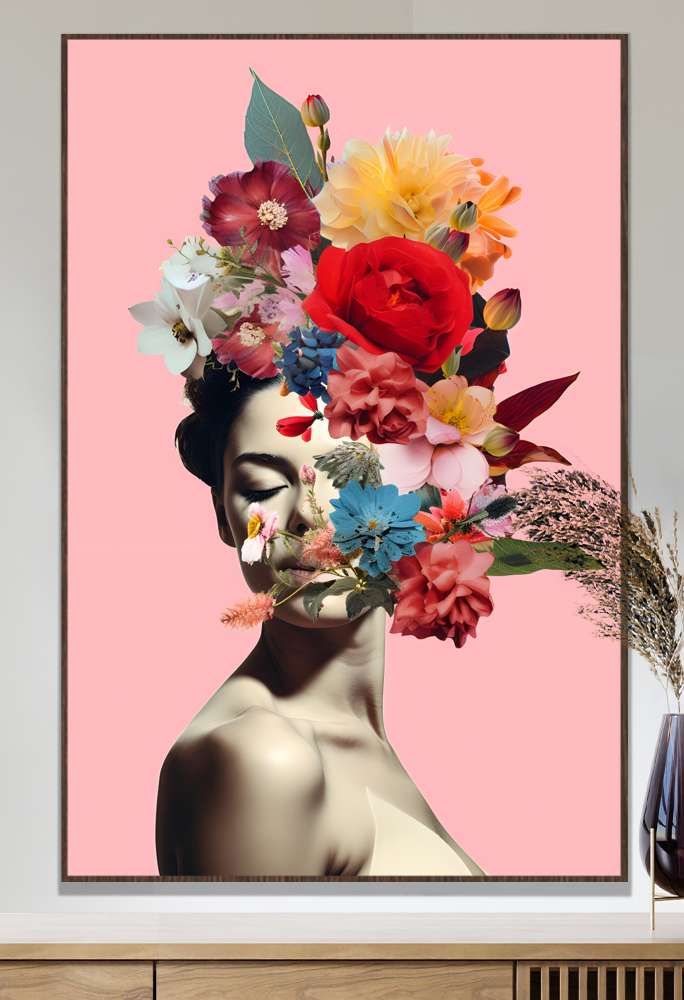 Quadro Decorativo Colagem de Flores em Metade de Rosto de Mulher