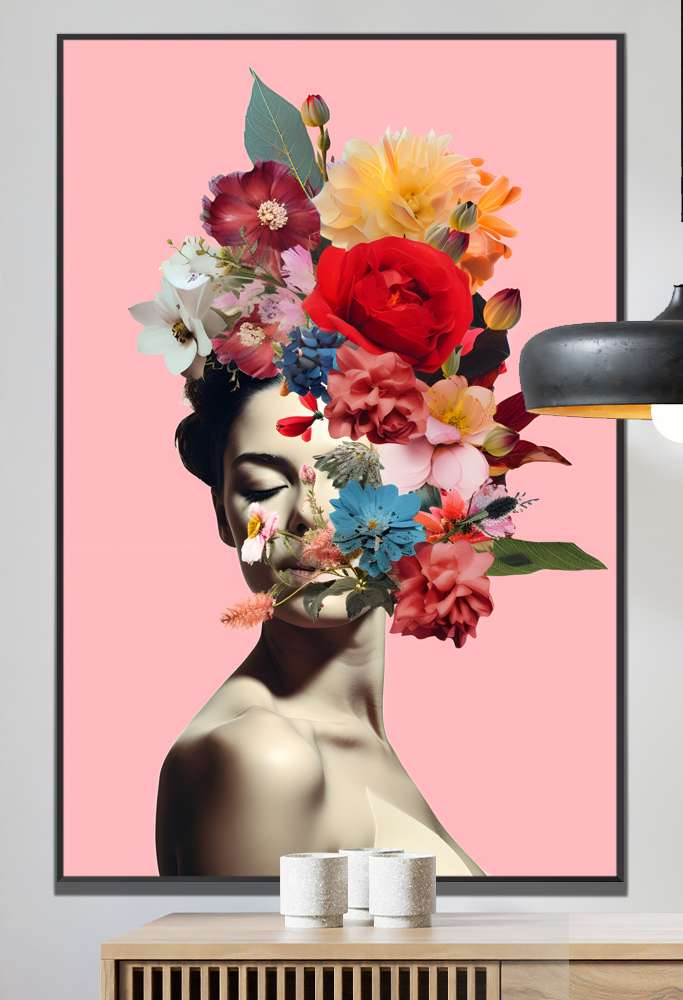Quadro Decorativo Colagem de Flores em Metade de Rosto de Mulher