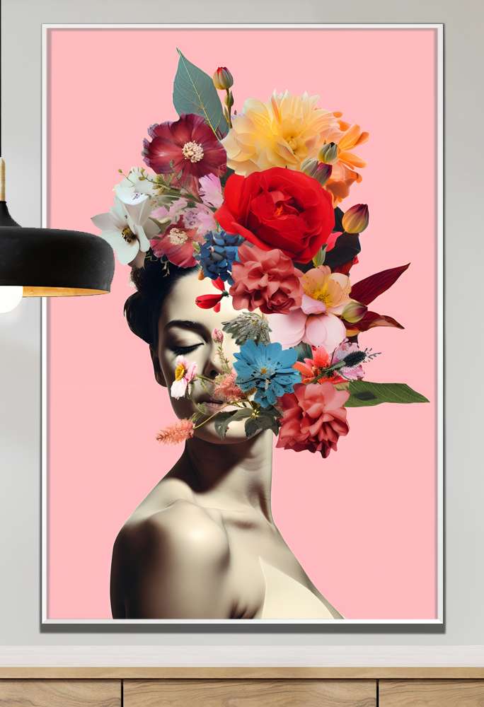Quadro Decorativo Colagem de Flores em Metade de Rosto de Mulher