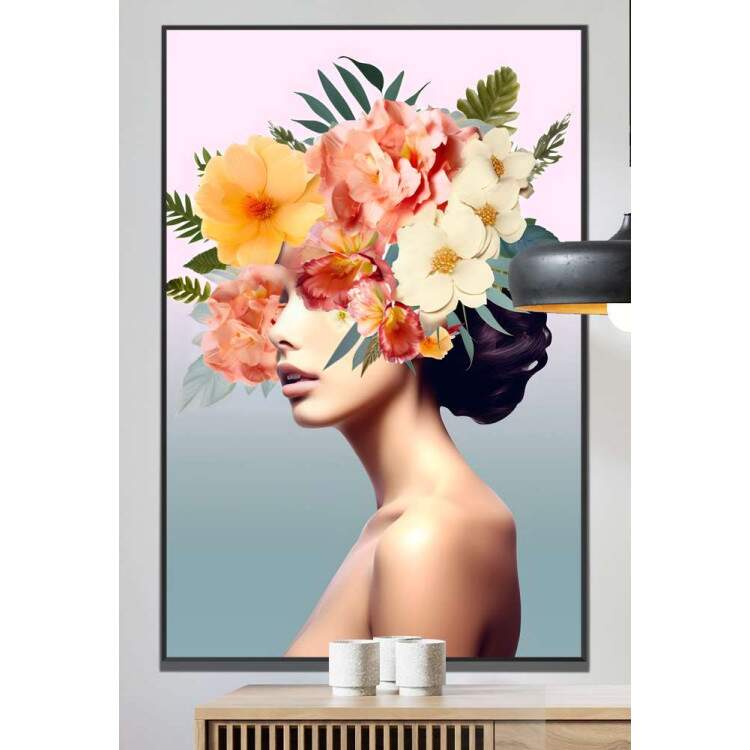 Quadro Decorativo Colagem de Flores em Mulher com Fundo Degrad