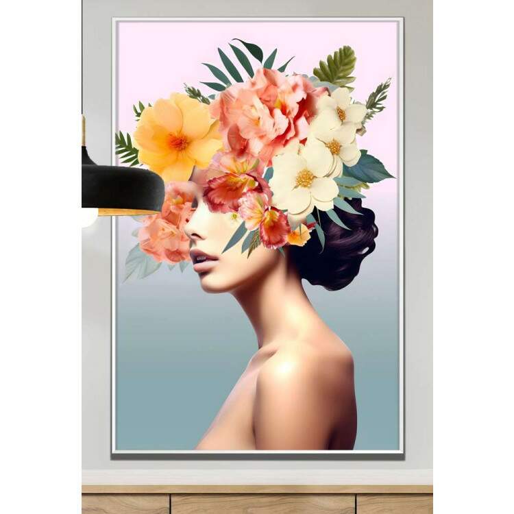 Quadro Decorativo Colagem de Flores em Mulher com Fundo Degrad