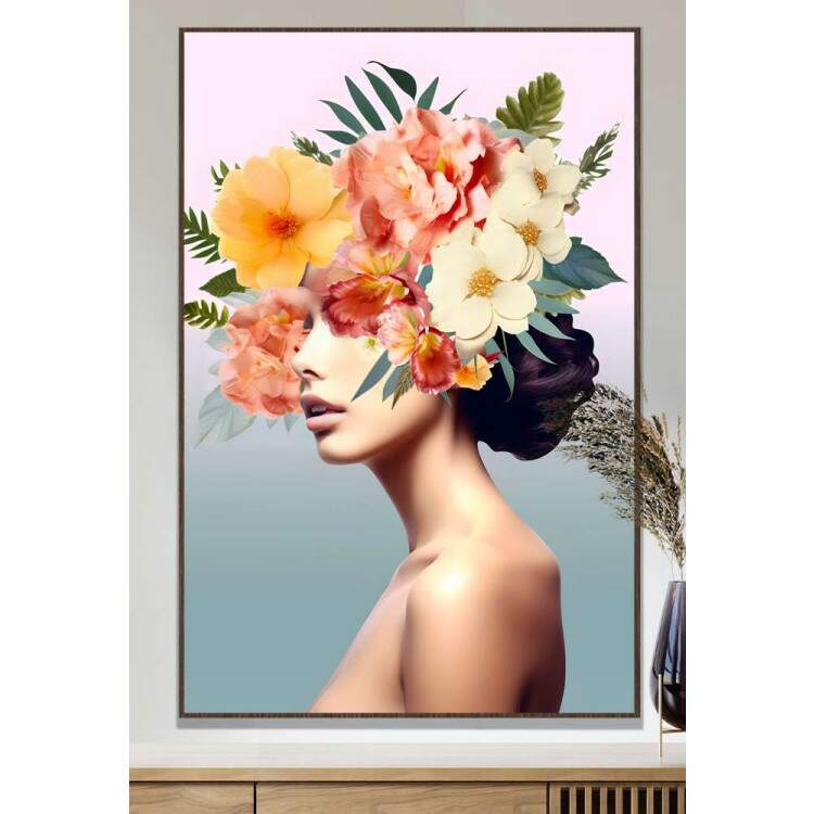 Quadro Decorativo Colagem de Flores em Mulher com Fundo Degrad