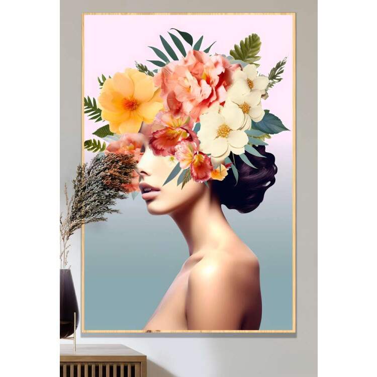 Quadro Decorativo Colagem de Flores em Mulher com Fundo Degrad