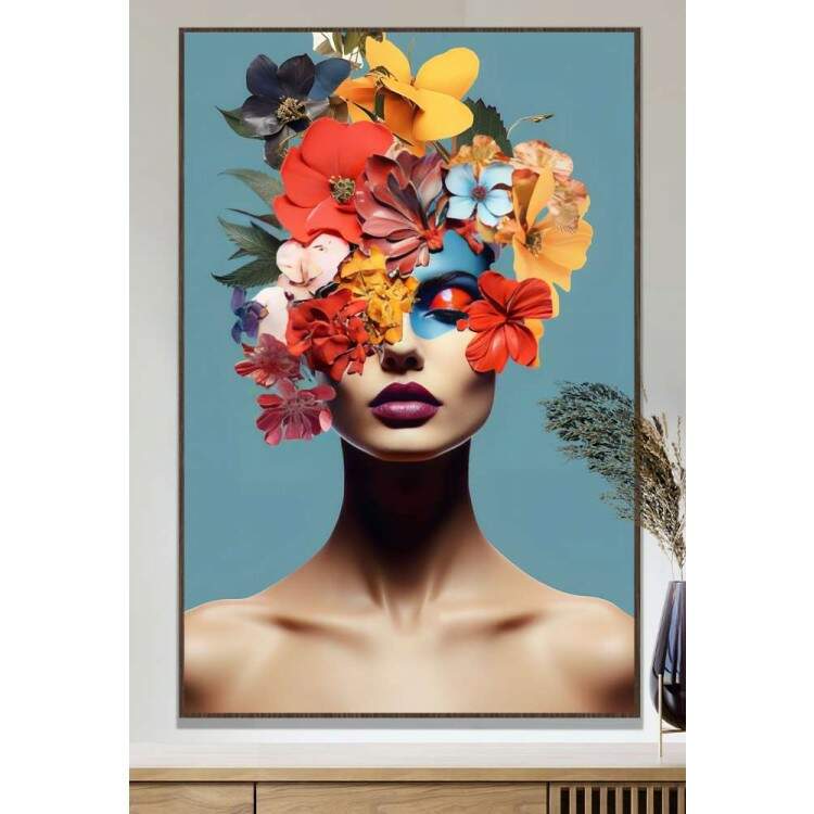 Quadro Decorativo Colagem de Flores em Mulher com Maquiagem Fundo Azul