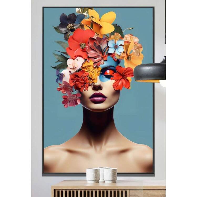 Quadro Decorativo Colagem de Flores em Mulher com Maquiagem Fundo Azul