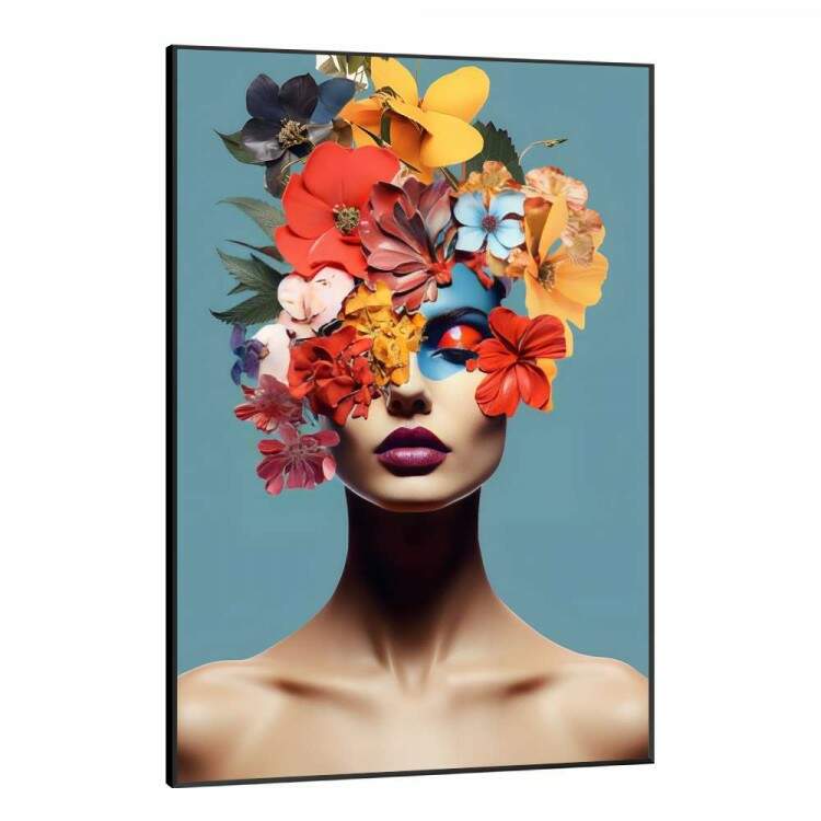 Quadro Decorativo Colagem de Flores em Mulher com Maquiagem Fundo Azul