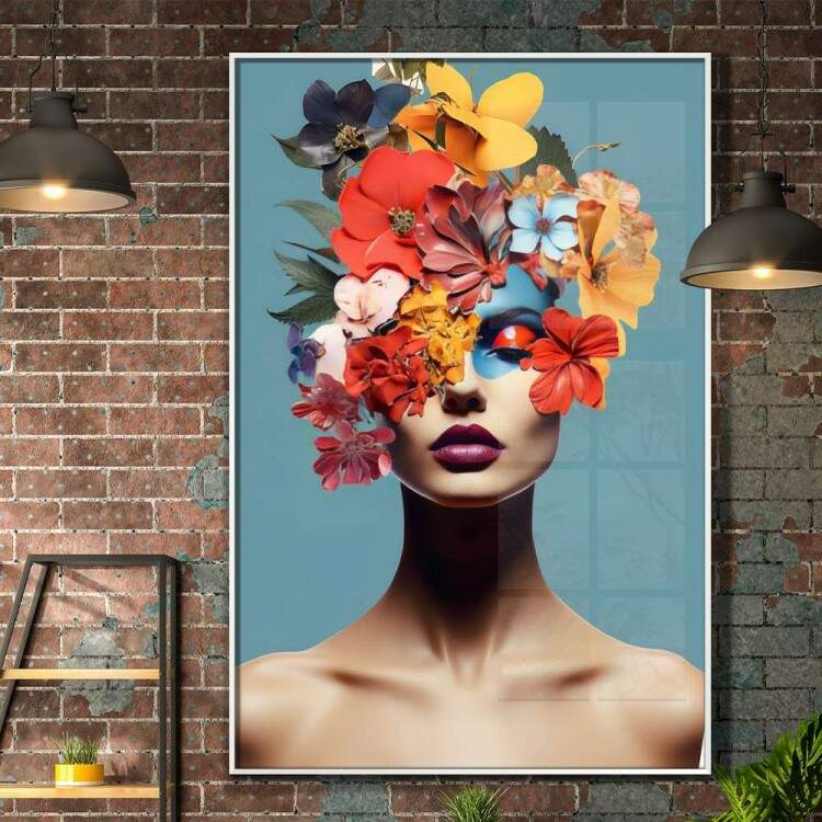 Quadro Decorativo Colagem de Flores em Mulher com Maquiagem Fundo Azul