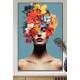 Quadro Decorativo Colagem de Flores em Mulher com Maquiagem Fundo Azul