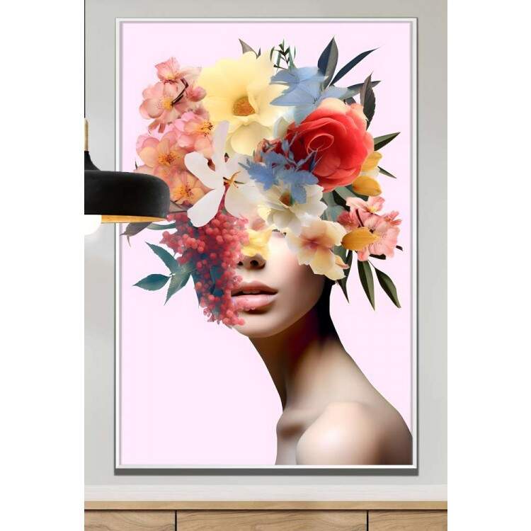 Quadro Decorativo Colagem de Flores em Mulher Olhando de Lado